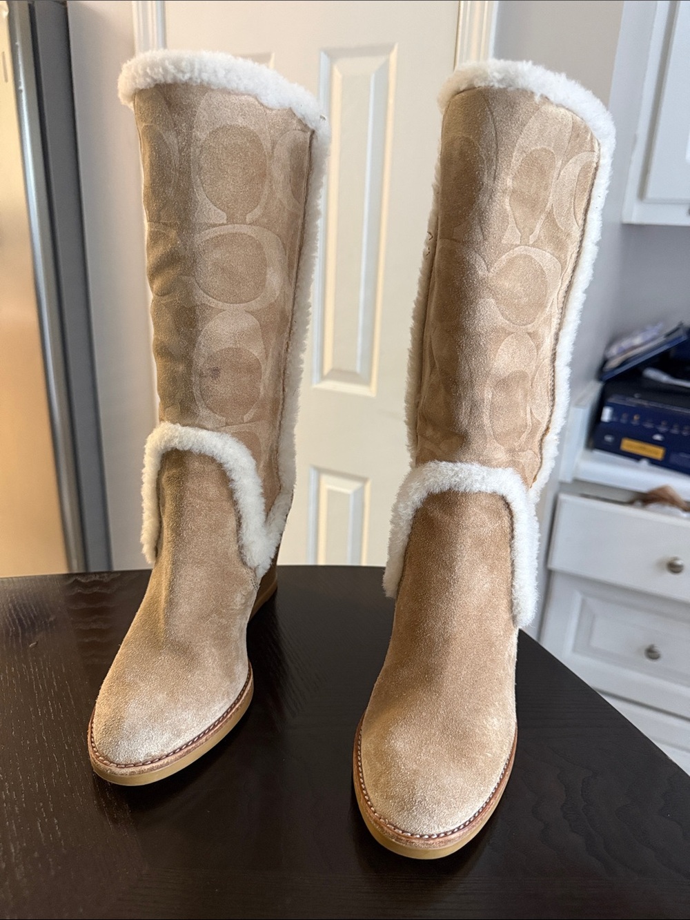 Coach Tan Suede Shearling-Trim Tall Wedge Boots
